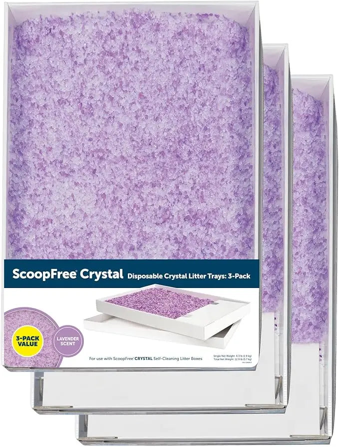 3-pack crystal cat litter trays, includes lavender-scented refills (4.3lb each)