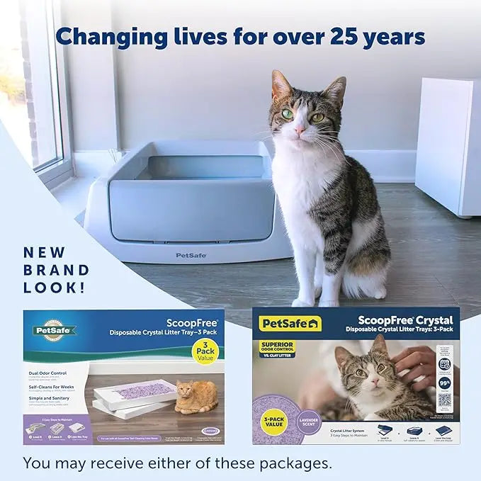3-pack crystal cat litter trays, includes lavender-scented refills (4.3lb each)