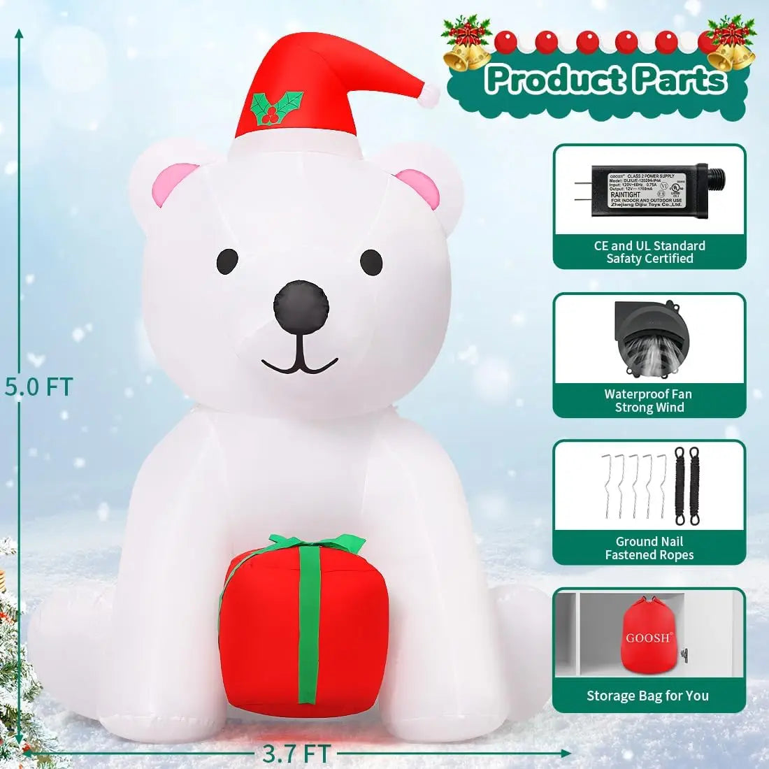 GOOSH 5 Ft Christmas Inflatable Bear Outdoor Decorations Blow Up Yard A White Bear Holding a Present for Garden Lawn Decor