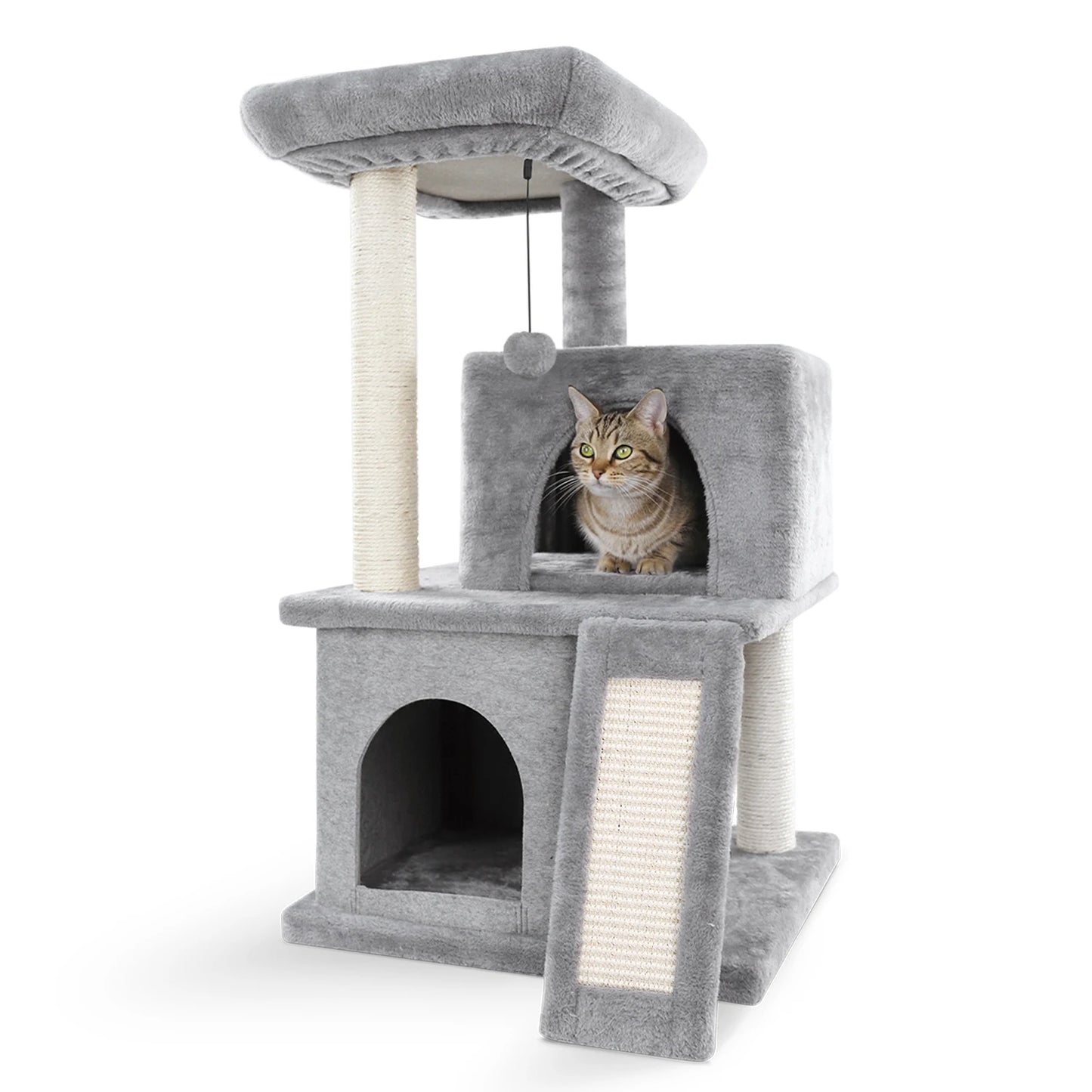 Modern Cat Tree Wooden Multi-Level Cat Scraper Tower Luxury Nest Cat Climbing Frame Cozy Condos Deeper Version Dangling Balls