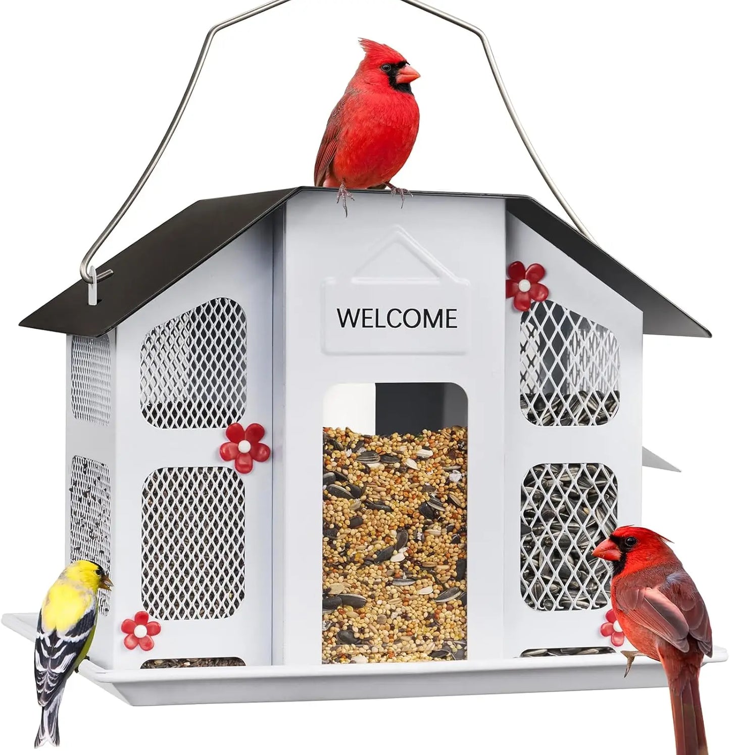Metal Mesh Bird Feeders for Outdoors Hanging, Wild Bird Feeder with Weatherproof Roof & Seed Tray for Cardinal Finch Chickadee - Quick and EZ Shop