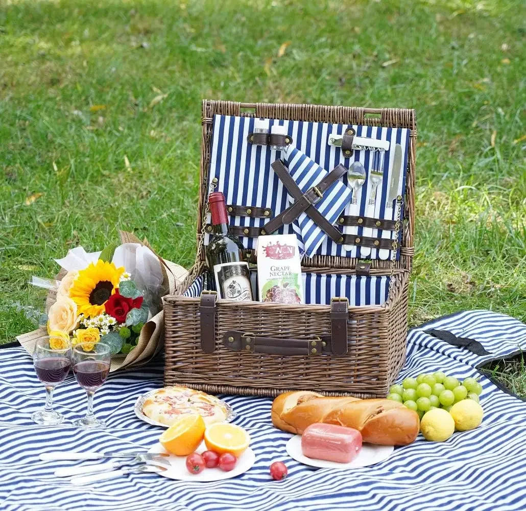 Wicker Picnic Basket for 2 with Waterproof Picnic Blanket, Picnic Set for 2 with Sand-Proof Beach Mat,Willow Hamper Service