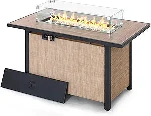 Nuu Garden 43" Propane Fire Pit, CSA-Listed Outdoor Fire Pit Table, 50000 BTU Gas FirePit with Lid, Glass Wind Guard, Glass Bead