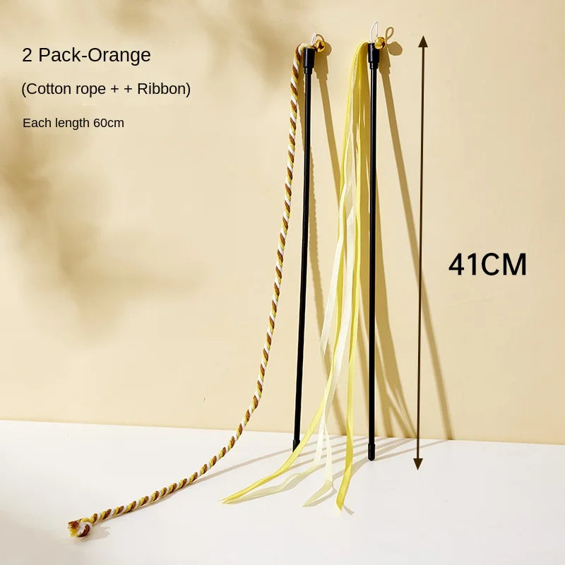 Simulation Feather Interactive Cat Toy Satin Ribbon Bell Cat Stick Toys Kitten Playing Teaser Wand Toy Cat Supplies Accessories