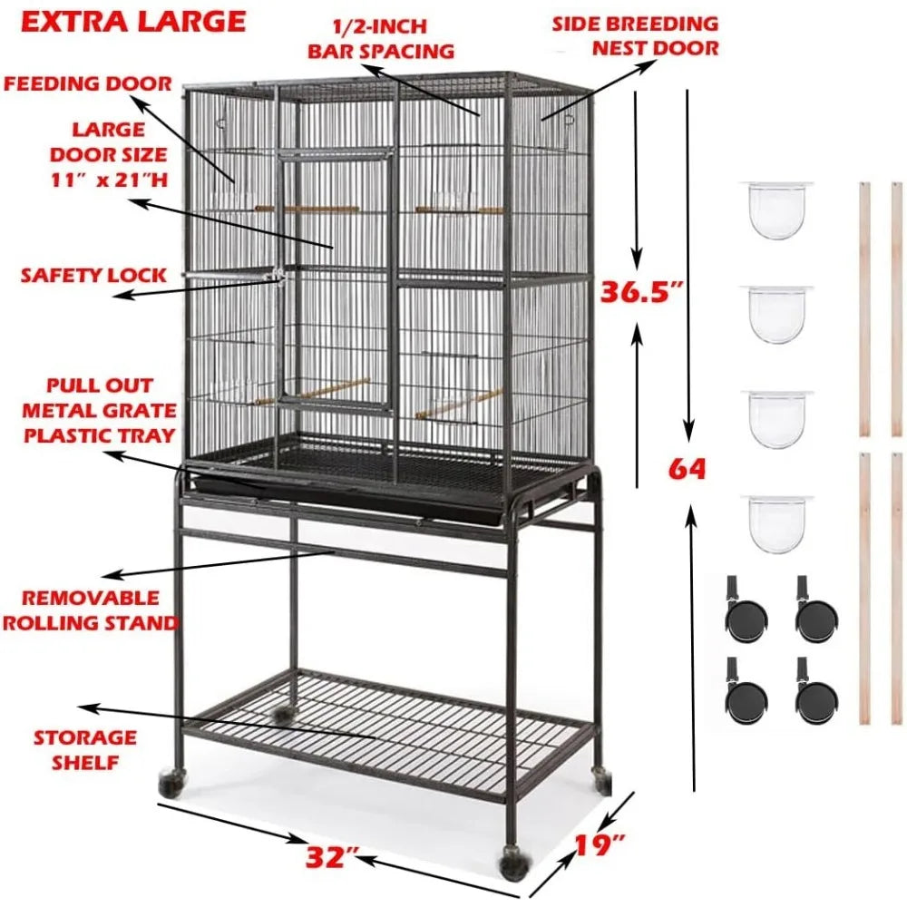 Pet Product Large Wrought Iron Breeding Bird Flight Cage Front Feeder Doors Side Breeding Nest Box Door Easy Clean Pull Out Tray