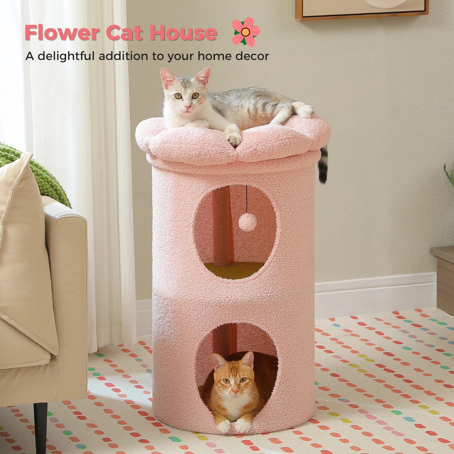 Double-Deck Cat House with Cozy Large Condos, Spacious Cat Bed with Luxury Flower Perch, Pompom Ball, Cat Furniture for Indoor