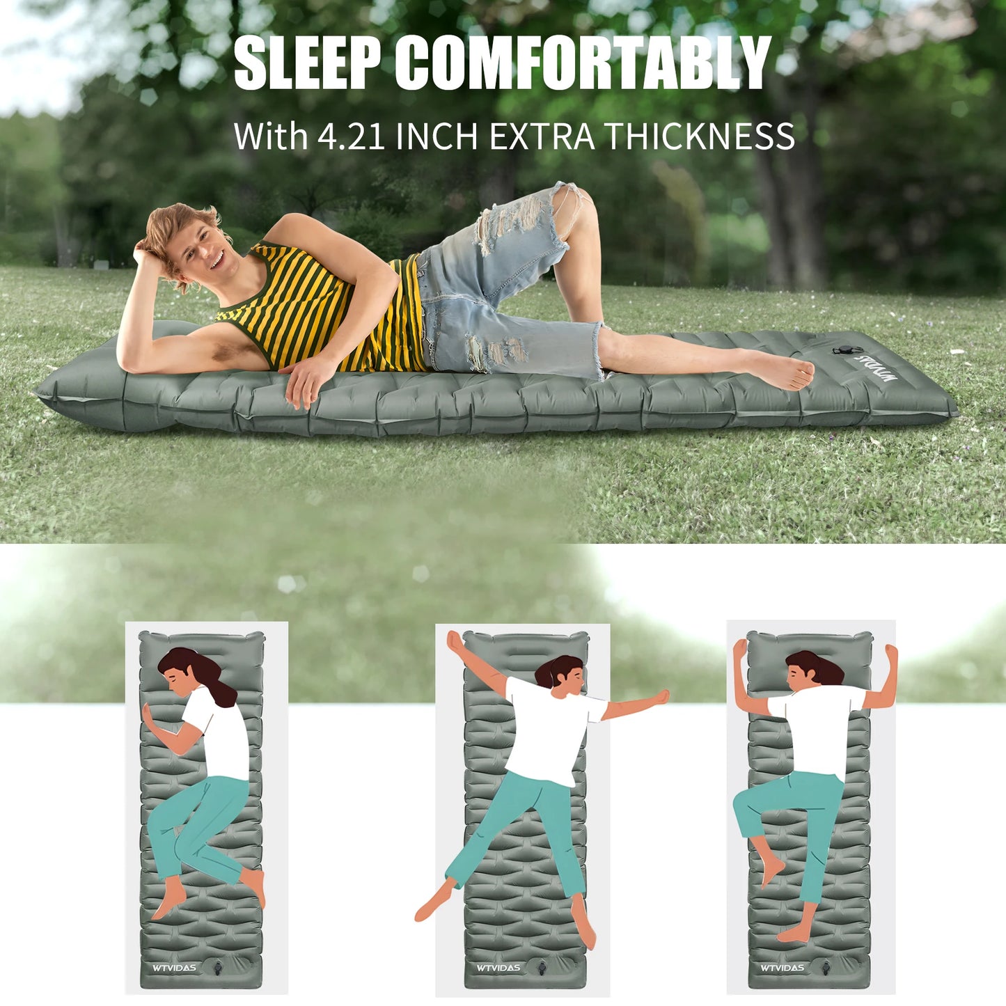 WTVIDAS Oversized Camping Sleeping Pad 4.2" Thick Ultralight Inflatable Mattress with Built-in Pump & Pillow Hiking Backpacking