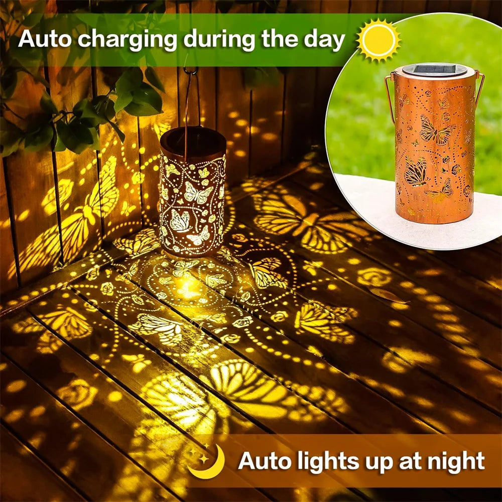 1PC Solar Outdoor Hanging Light Butterfly Dragonfly Element Solar Light Outdoor Waterproof Garden Decorative Light Metal Lantern