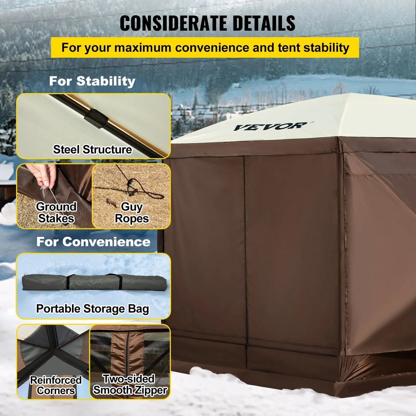 Waterproof Screen Shelter w/Portable Storage Bag 8 Person Camping 6 Sided Pop-up Canopy Screen Tent 10'x10' Camping Gazebo Tent