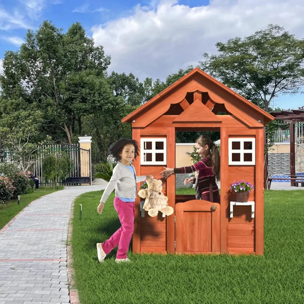 Wooden Outdoor Playhouse, Wooden Play House Playground for Backyard with 2 Windows and Flowerpot Holder,42" Lx46 Wx55 H