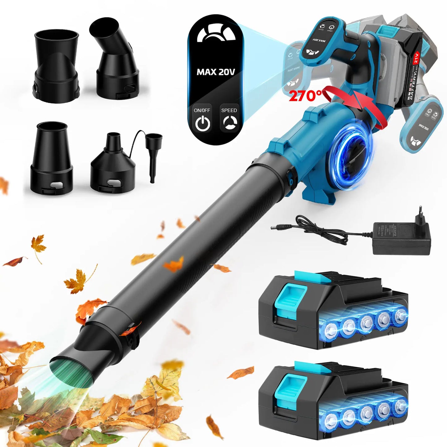 21V Cordless Leaf Blower With 2pc 3000mAh Batteries Lightweight 3 Modes Speed Adjustable Gear Led Display With 4 Different Nozez