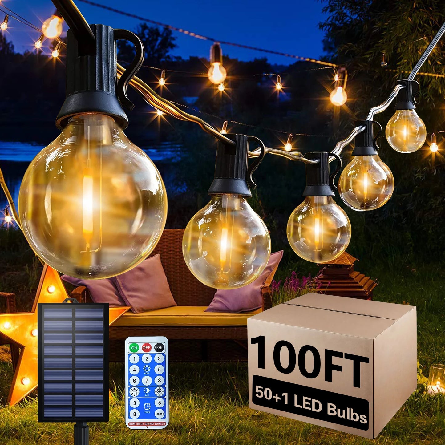 100ft Solar Outdoor String Lights, Waterproof Patio Lights with Remote, 50 LED Bulbs, 8 Lighting Modes, for Yard Outside