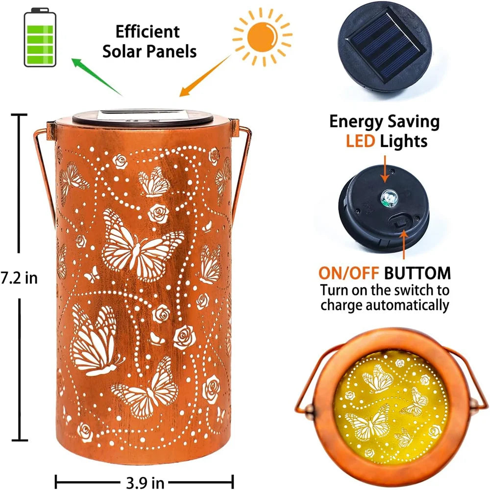 1PC Solar Outdoor Hanging Light Butterfly Dragonfly Element Solar Light Outdoor Waterproof Garden Decorative Light Metal Lantern