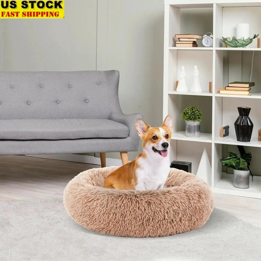Cozy Anti-Slip Round Dog Bed Soft Plush Waterproof Washable Pet Bed Small Medium Dogs Cats Reduce Anxiety Comfortable Resting