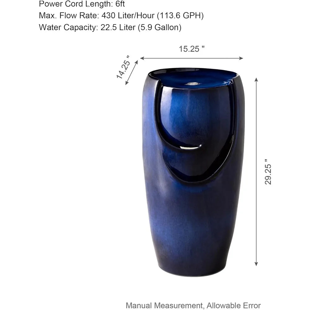 29.25" H Oversized Ceramic Vase Outdoor Water Fountain Tall Patio Garden Water Fountain with LED Light and Submersible Pump Yar