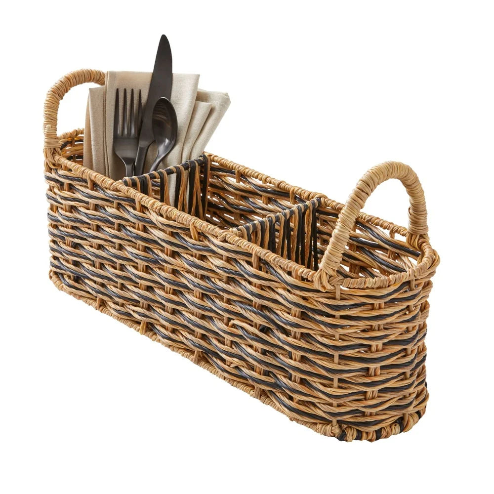 Handwoven Rattan Oval Caddy Set 2 Pack Storage Basket with Divided Compartments Kitchen Patio Dining Essentials