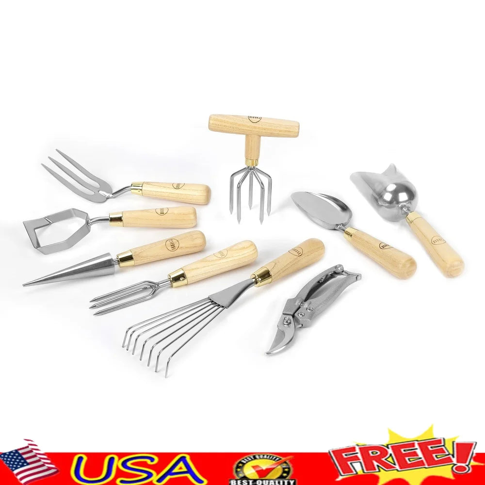 9 Piece Stainless Steel Gardening Tool Set Ergonomic Wood Handles Durable Rust Resistant Tools Indoor Outdoor Gardening