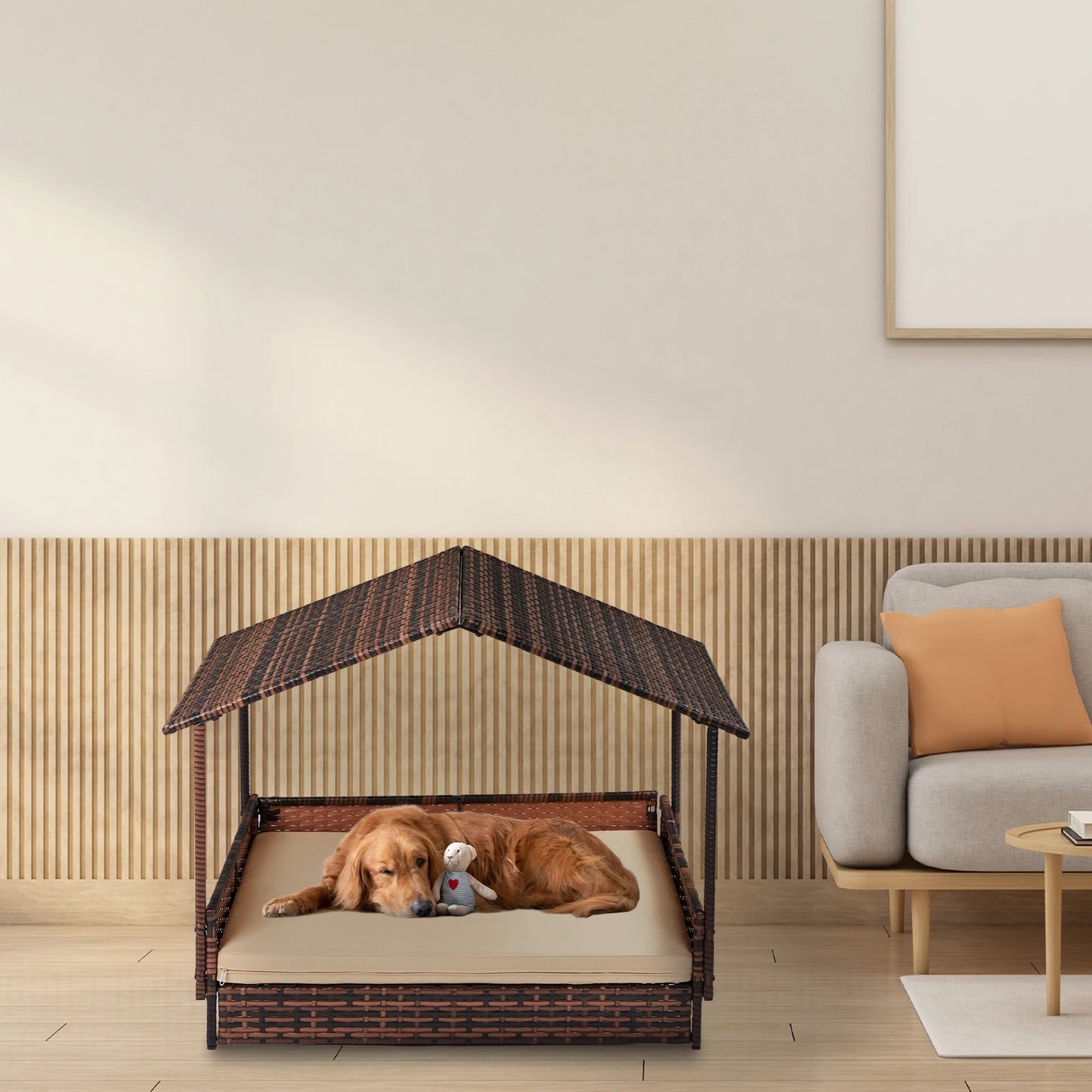 Wicker Dog House, Elevated Rattan Dog Bed with Canopy and Washable Cushion Cover, Indoor Outdoor Raised Pet House