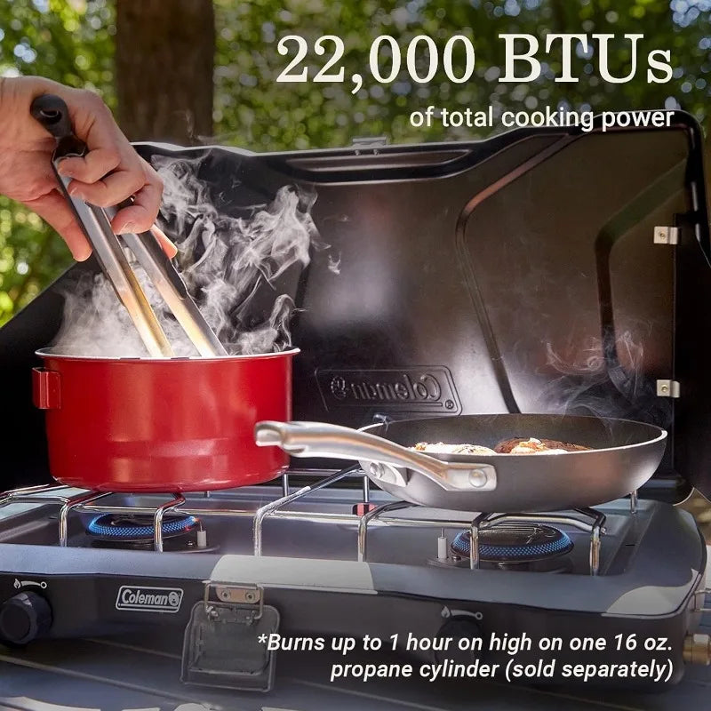 Coleman Triton+ 2-Burner Propane Camping Stove, Push-Button Instant Ignition, Portable Camp Grill,Adjustable Burners,Wind Guards