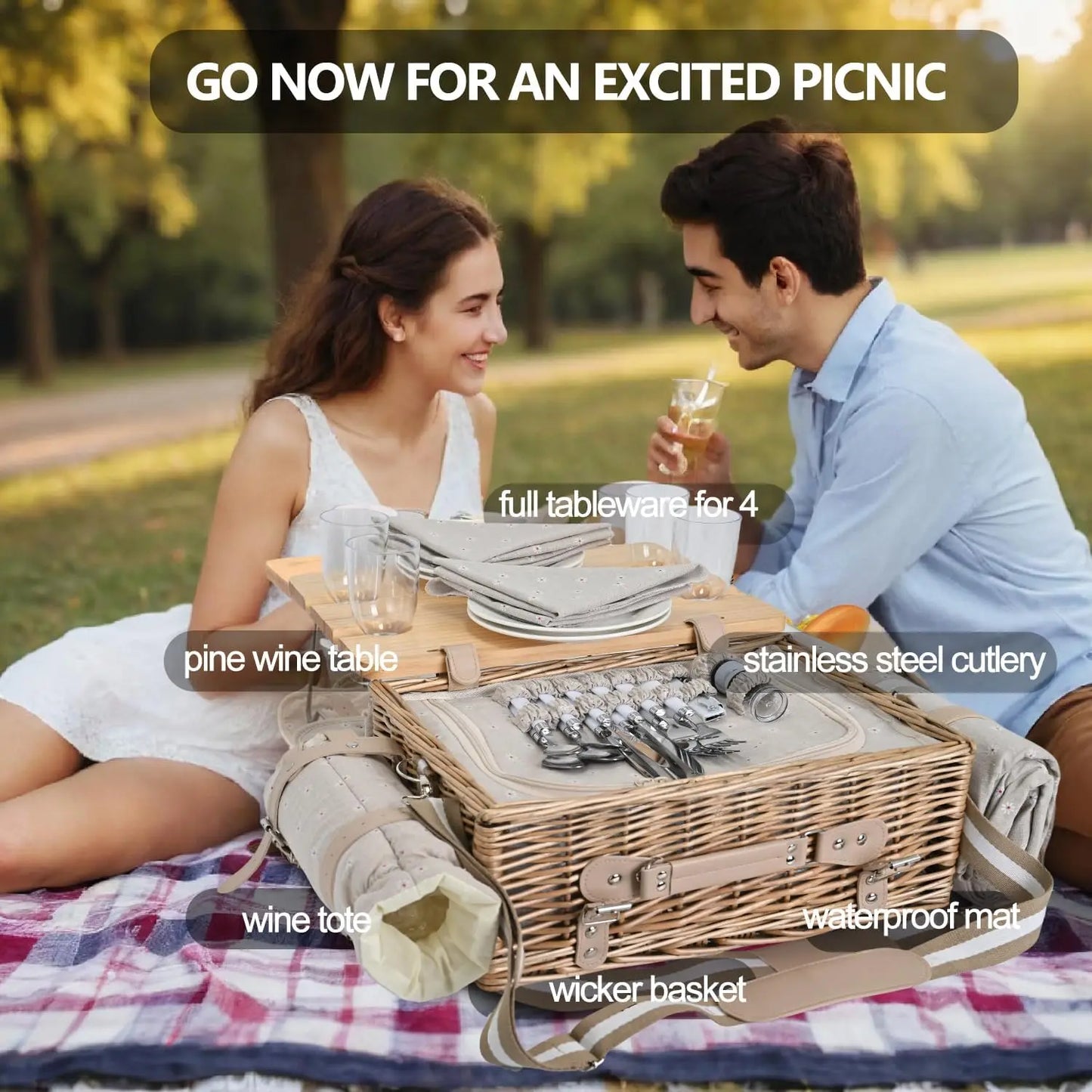 Multifunctional Wicker Picnic Basket Set for 4 with Blanket and Picnic Table, Insulated Picnic Set with Full Tablewares