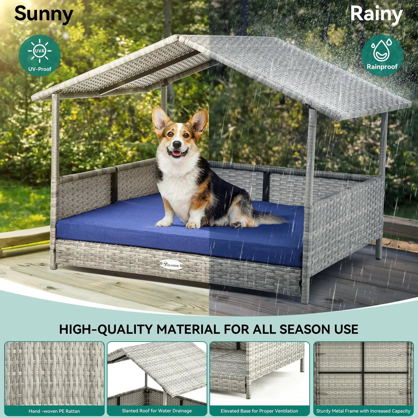 32.9in Outdoor Rattan Doghouse with Canopy, Elevated Water-Resistant Dog Bed with Blue Cushion for Small, Medium,