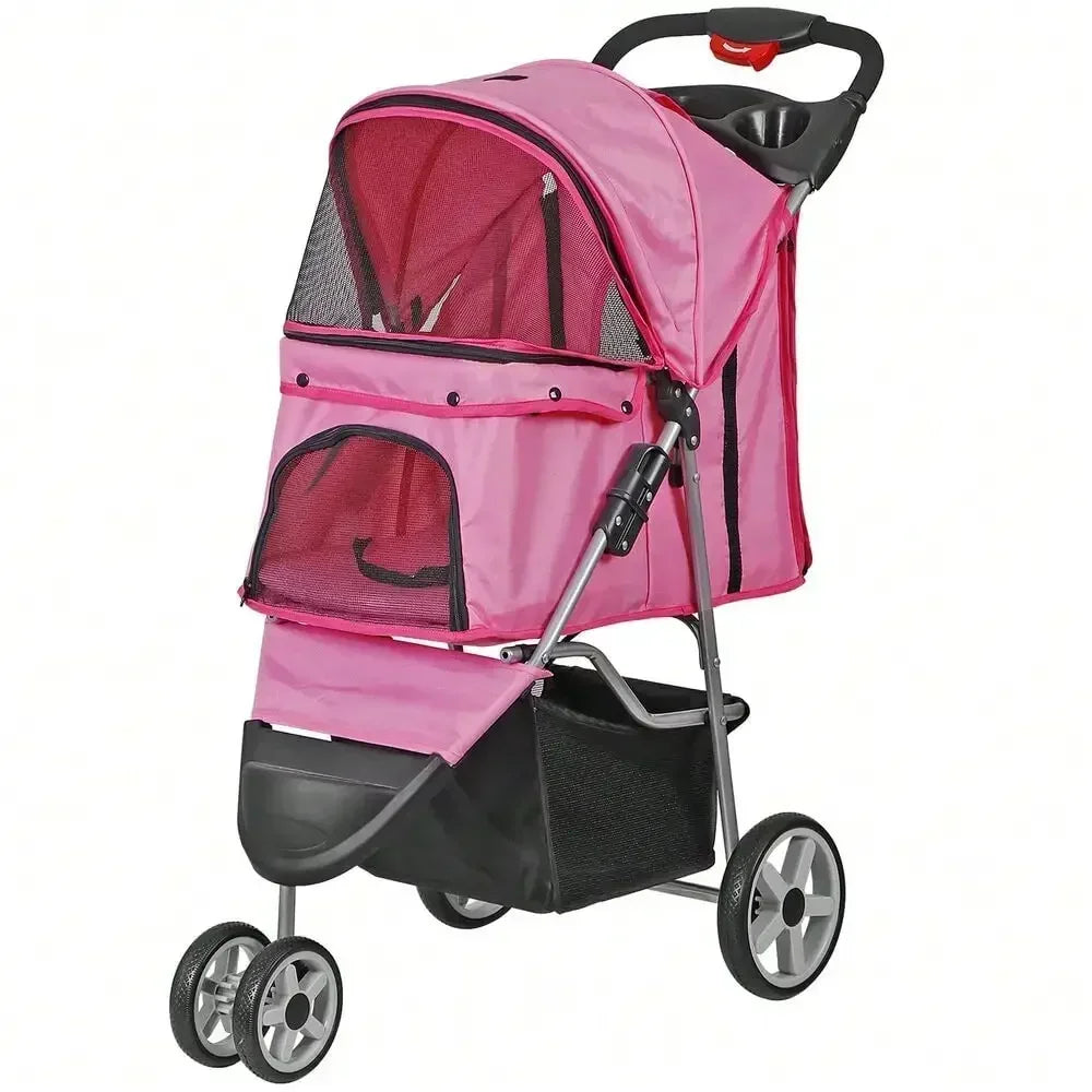 Foldable 3 Wheels Pet Stroller Dog Cat Cage Jogger Stroller with Cup Holder Pink