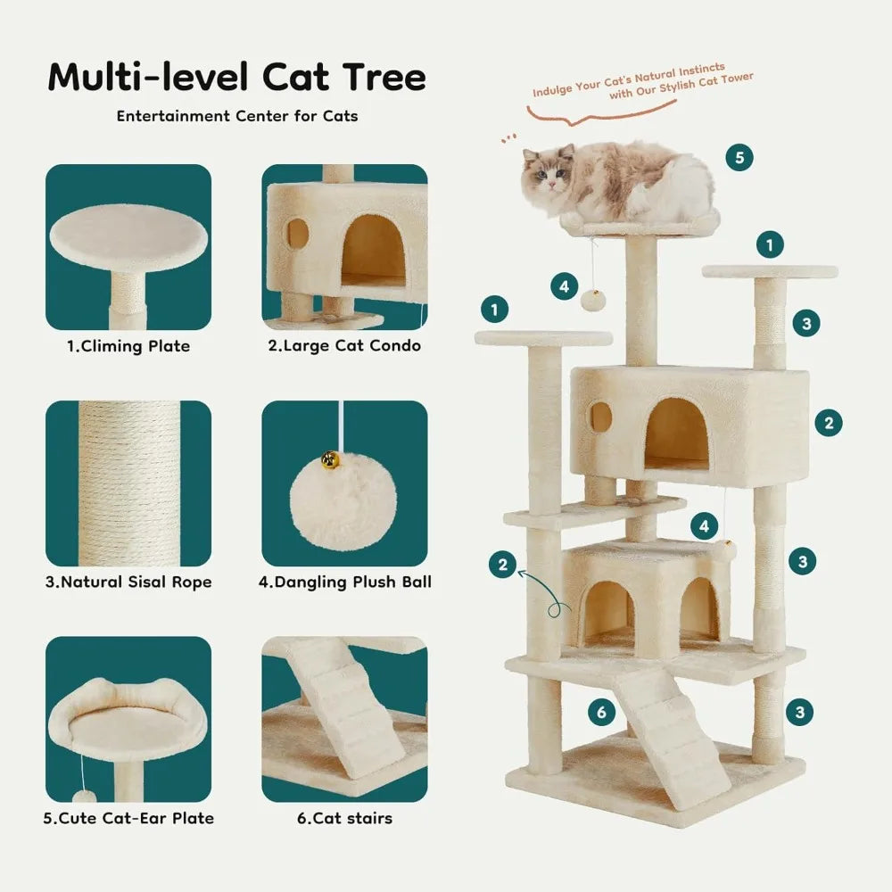 DUMOS 54-inch Indoor Cat Tree Tower –Multi-Level Pet House for Large Cats with 2 Condos, Scratching Posts, Round Platform, Small - Quick and EZ Shop