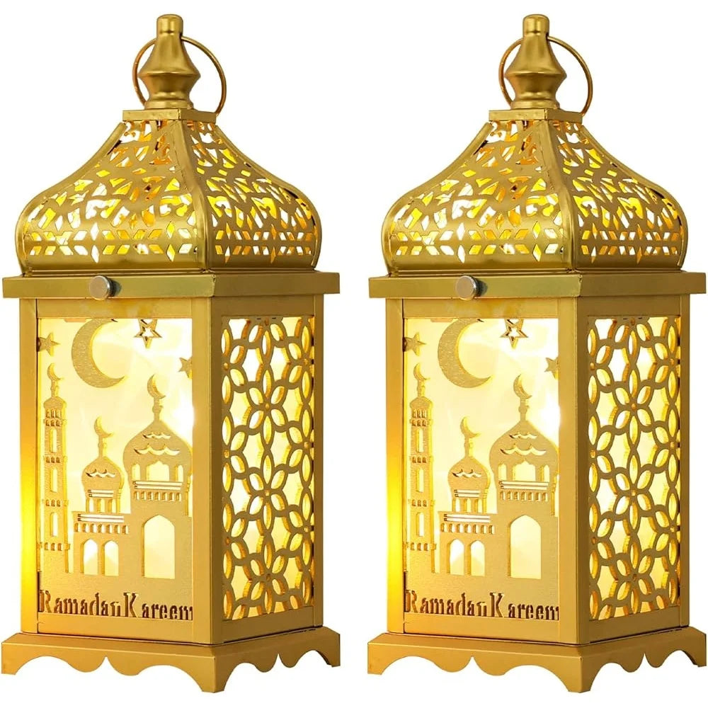 Golden Metal Lantern Decorative Candle Holders 2Pcs 14 Inch Ramadan Home Decor Indoor Outdoor Lanterns EID MUBARAK Vintage Style