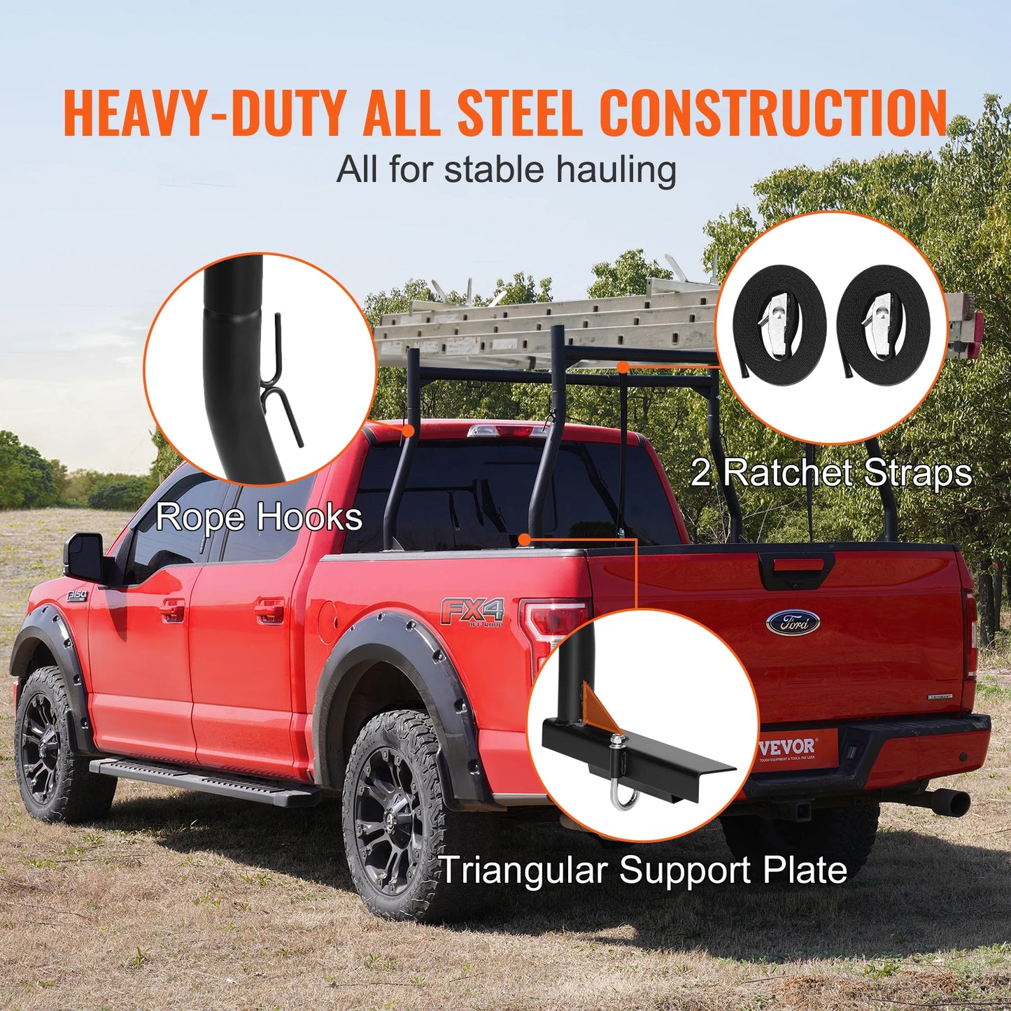 VEVOR 46-71inch Extendable Truck Ladder Rack 800 lbs Capacity Steel Rack for Truck with Non-Drilling J-bolts for Kayak Surfboard