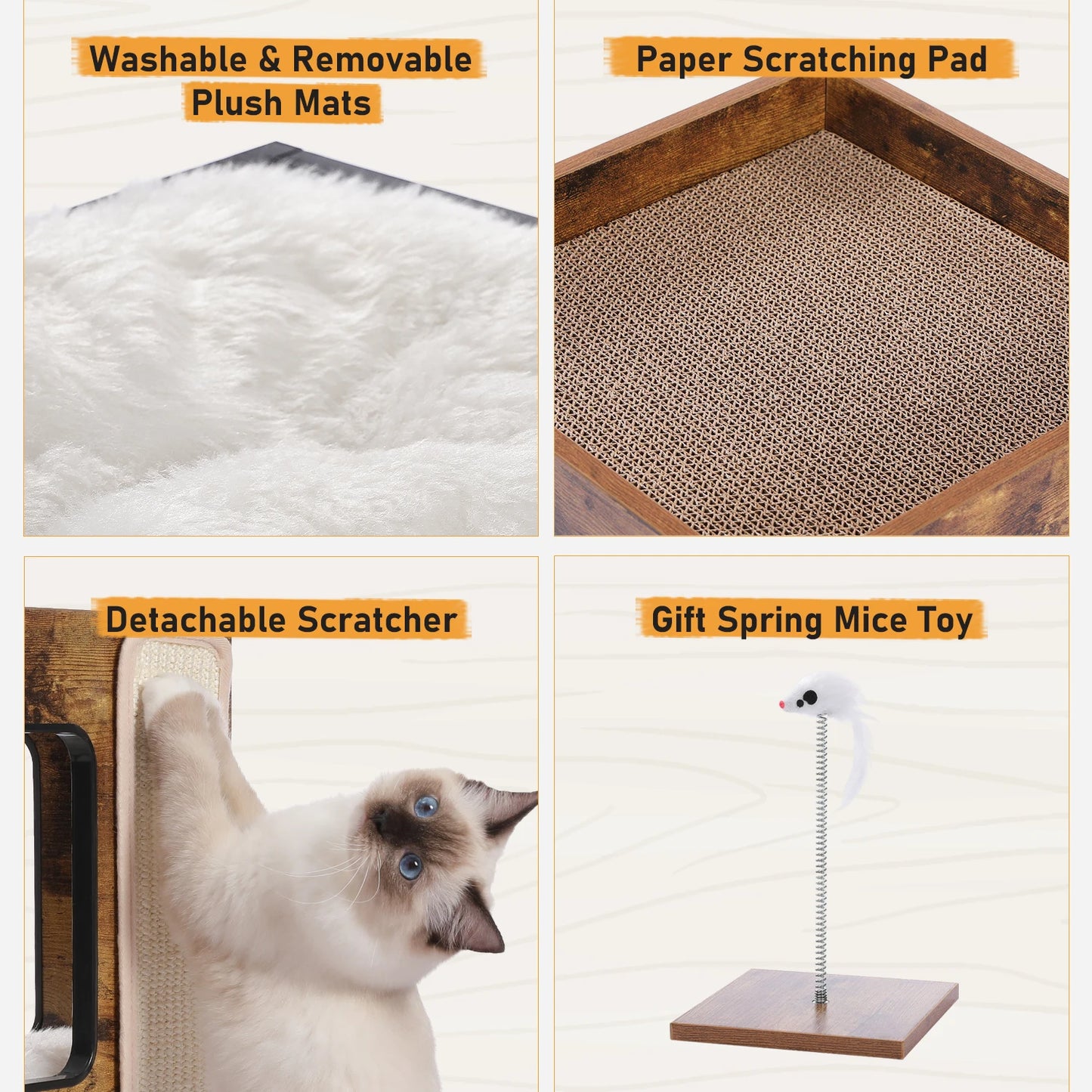 Cat Bed with Two Large Condos Scratching Pad Detachable Scratcher Wooden Cat Condo House with Plush Mats Cat Furniture Cat Toys
