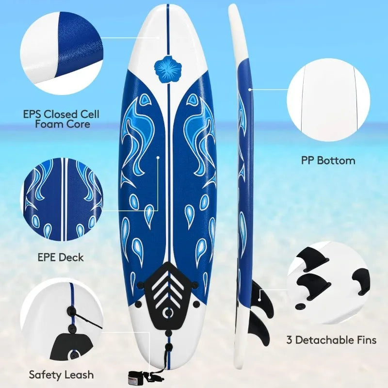 Giantex 6' Surfboard Surfing Surf Beach Ocean Body Foamier Board with Removable Fins, Great Beginner Board for Kids