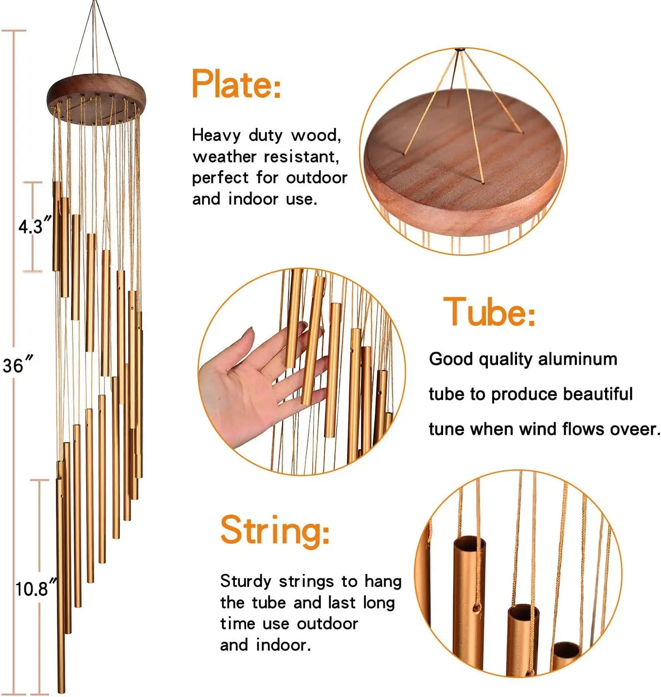 36" Outdoor Memorial Wind Chimes, S-Hook, Ideal Home Garden Decor Gift!