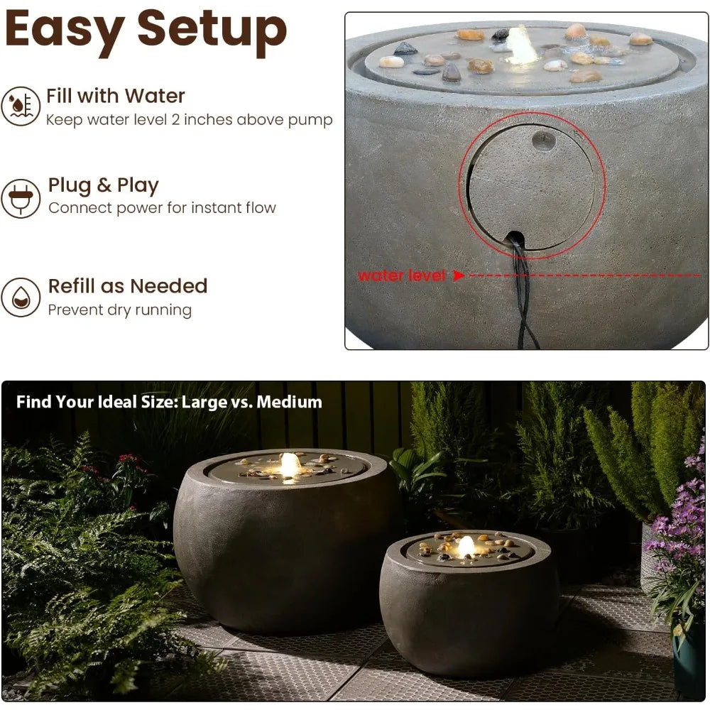 Garden Water Fountain Outdoor Bubbler Water Feature Indoor with Lights & Pump and Pebbles Waterfall Fountains Concrete Effect fo