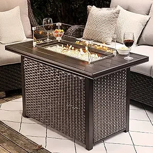 Nuu Garden 43" Propane Fire Pit, CSA-Listed Outdoor Fire Pit Table, 50000 BTU Gas FirePit with Lid, Glass Wind Guard, Glass Bead