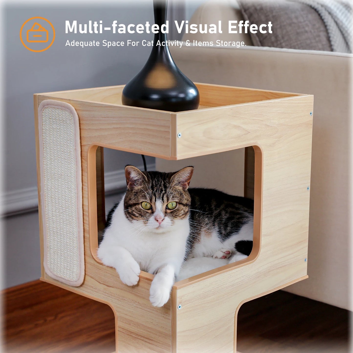 Cat Bed with Two Large Condos Scratching Pad Detachable Scratcher Wooden Cat Condo House with Plush Mats Cat Furniture Cat Toys