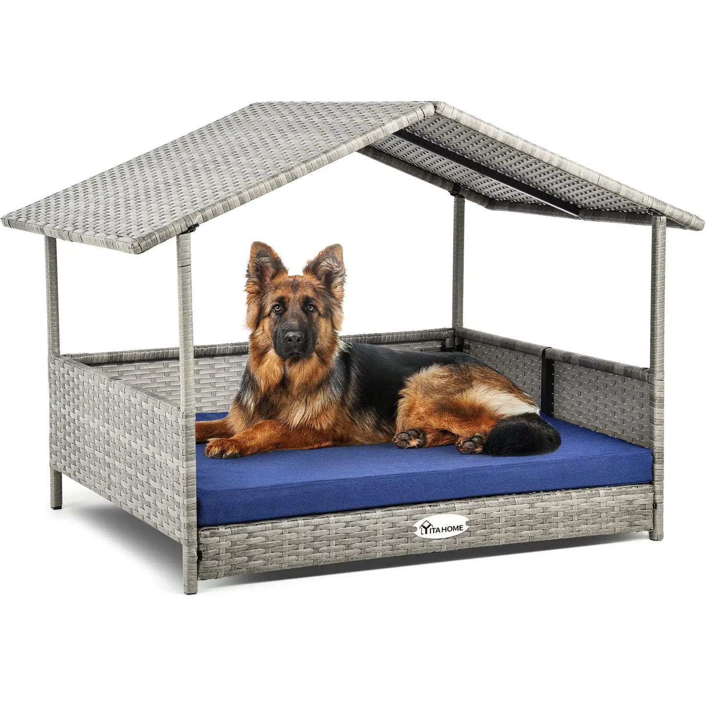 32.9in Outdoor Rattan Doghouse with Canopy, Elevated Water-Resistant Dog Bed with Blue Cushion for Small, Medium,