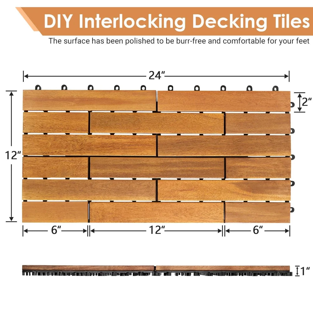 18PCS 24" x 12" Long Solid Acacia Wood Interlocking Deck Tiles for 36 Sq Ft - Indoor Outdoor Waterproof Hardwood Flooring