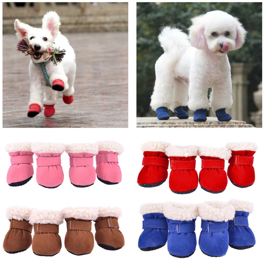 4pcs/set Plush Pet Dog Shoes Autumn Winter Warm Dog Boots Socks Comfortable Anti-slip Puppy Cat Rain Snow Booties Footwear