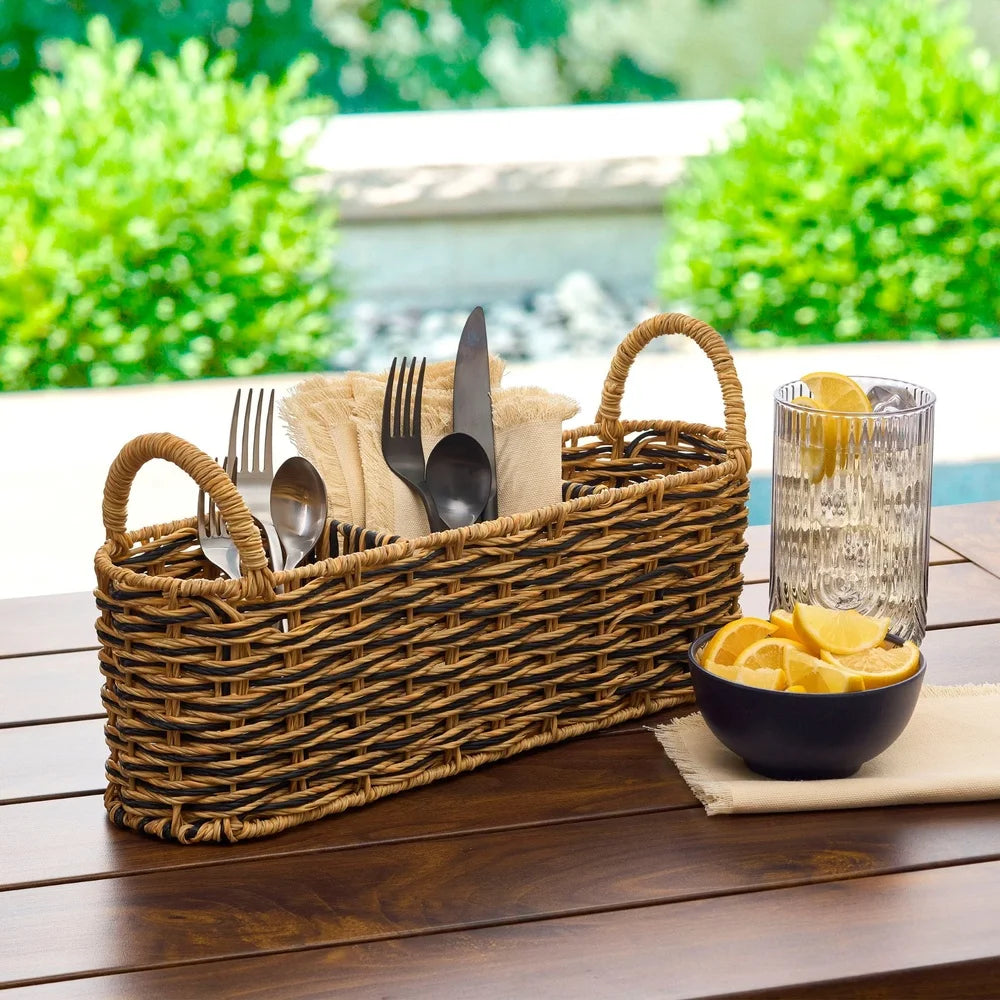 Handwoven Rattan Oval Caddy Set 2 Pack Storage Basket with Divided Compartments Kitchen Patio Dining Essentials
