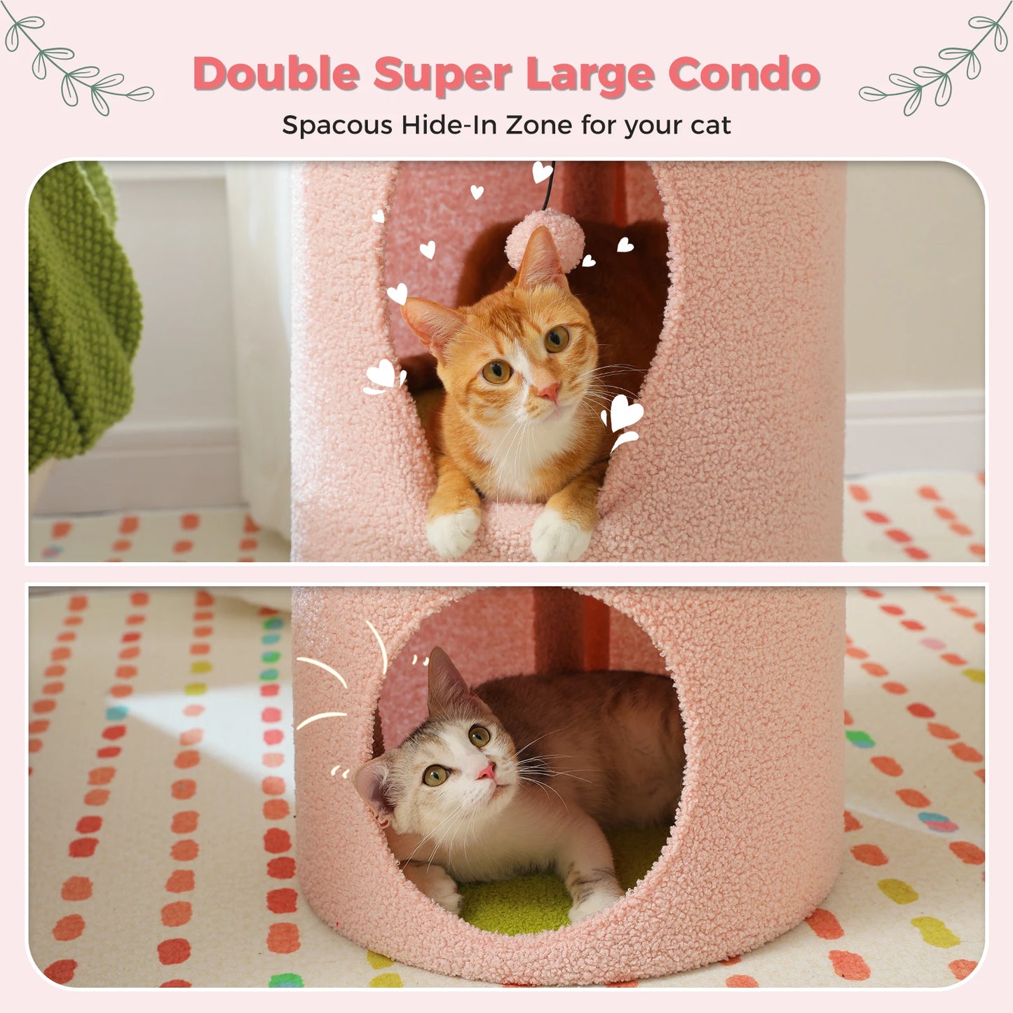 Double-Deck Cat House with Cozy Large Condos, Spacious Cat Bed with Luxury Flower Perch, Pompom Ball, Cat Furniture for Indoor