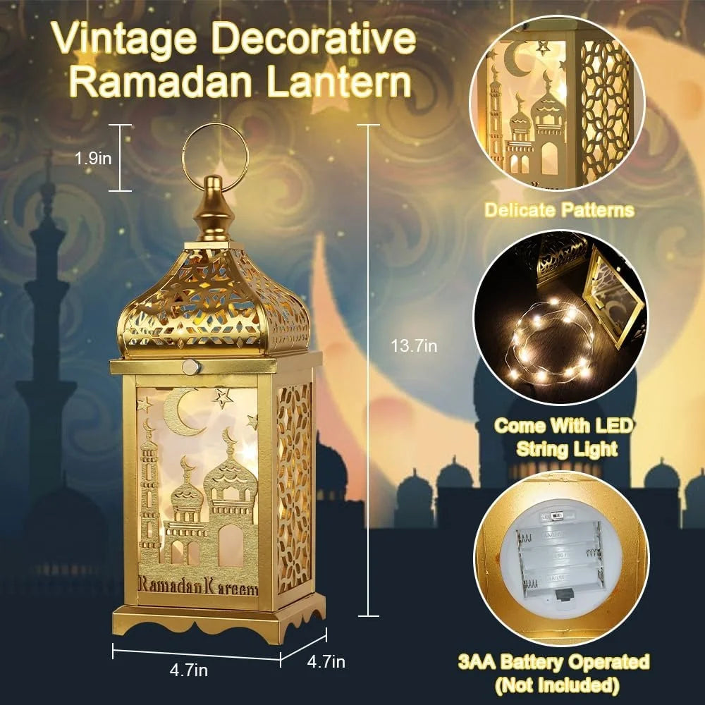 Golden Metal Lantern Decorative Candle Holders 2Pcs 14 Inch Ramadan Home Decor Indoor Outdoor Lanterns EID MUBARAK Vintage Style