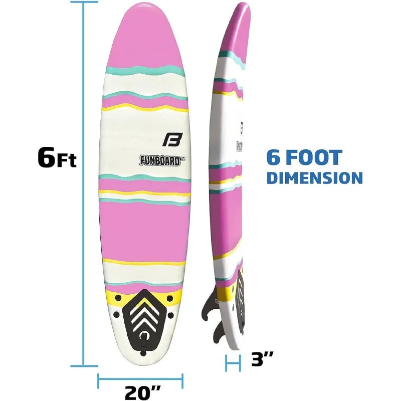 6’ FUNBOARD Surfboard Softboard Foam - Include (3) Fins 6’ Foot Leash and (2) Wood Stringers