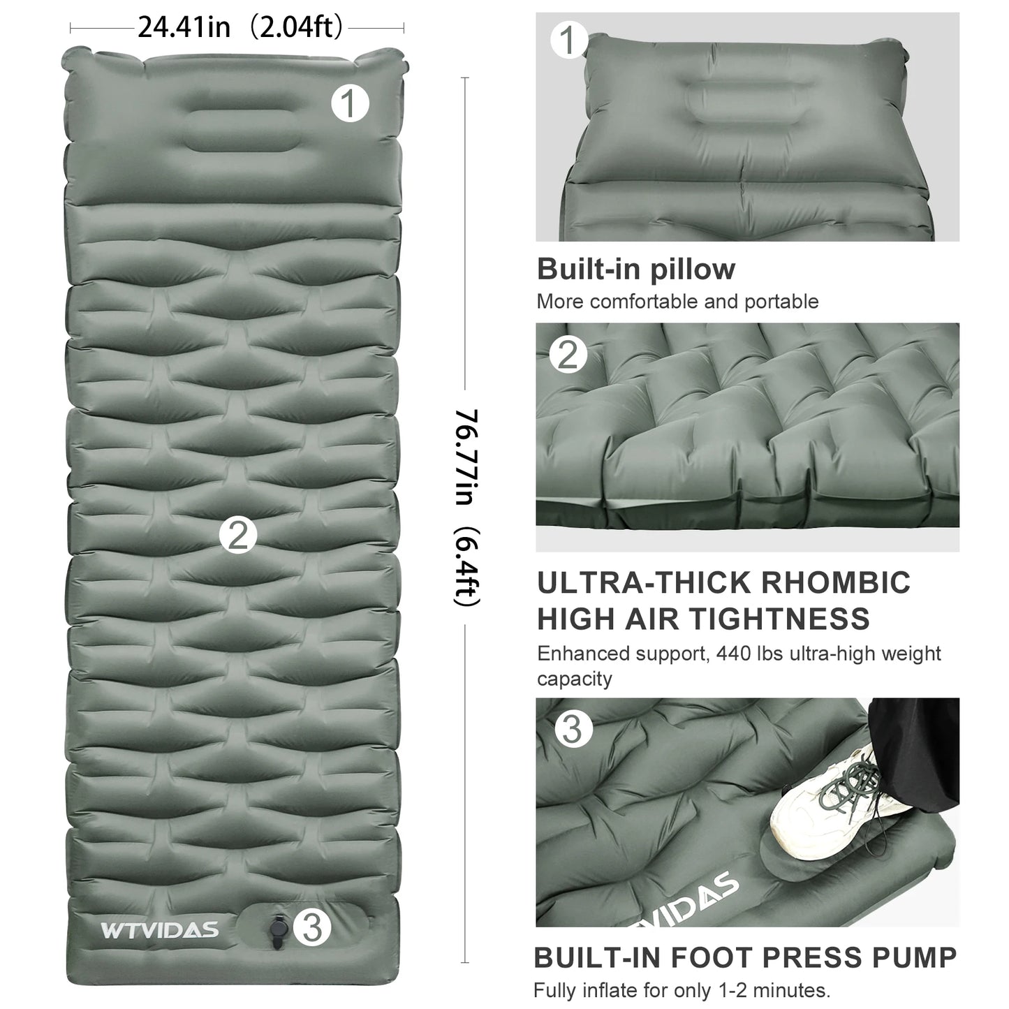 WTVIDAS Oversized Camping Sleeping Pad 4.2" Thick Ultralight Inflatable Mattress with Built-in Pump & Pillow Hiking Backpacking