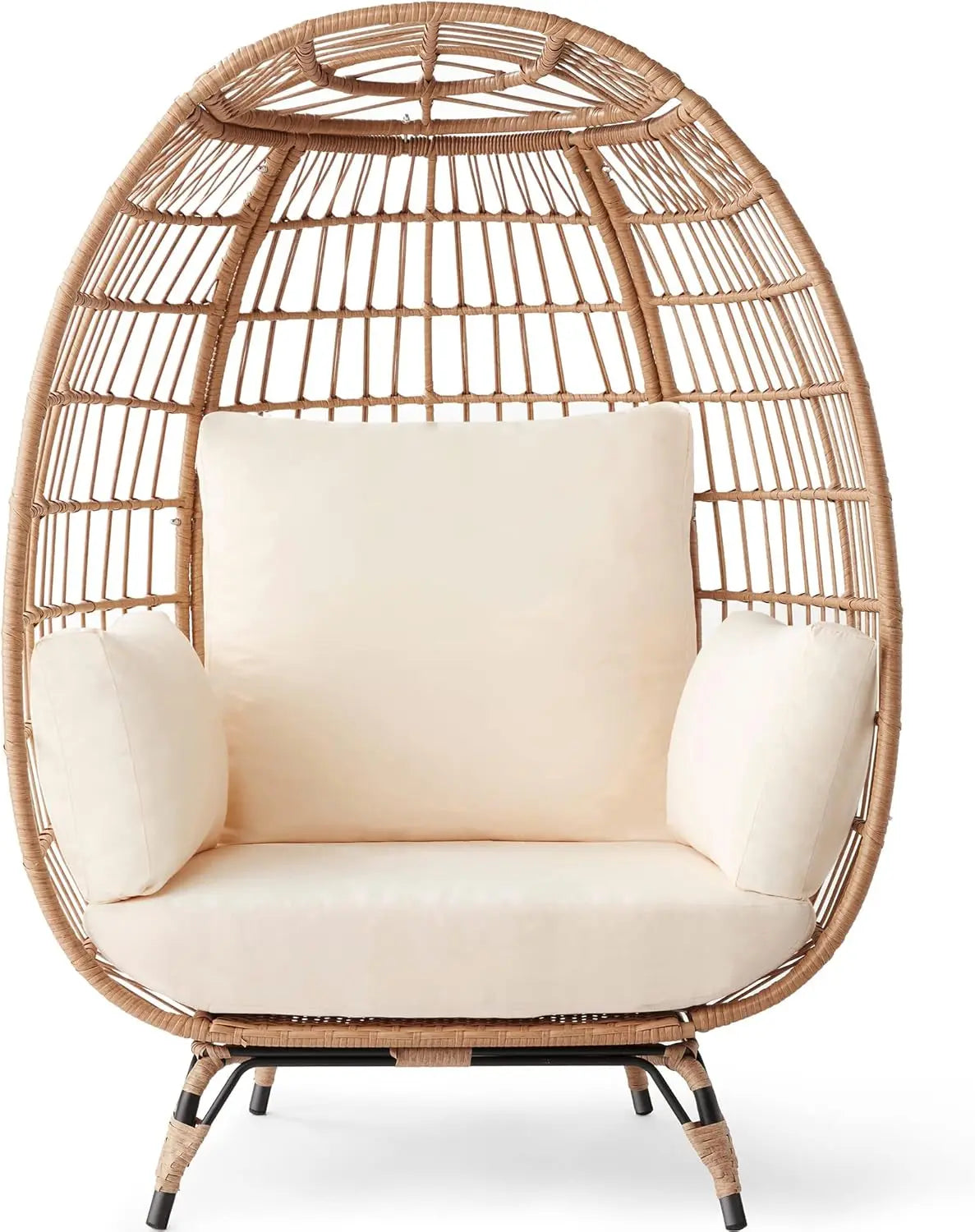 Wicker Egg Chair, Oversized Indoor Outdoor Lounger for Patio, Backyard, Living Room w/ 4 Cushions, Steel Frame,440lb Capacity