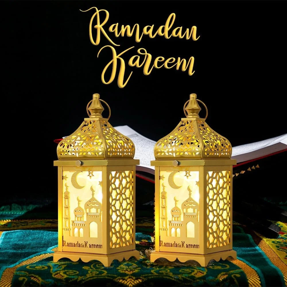 Golden Metal Lantern Decorative Candle Holders 2Pcs 14 Inch Ramadan Home Decor Indoor Outdoor Lanterns EID MUBARAK Vintage Style
