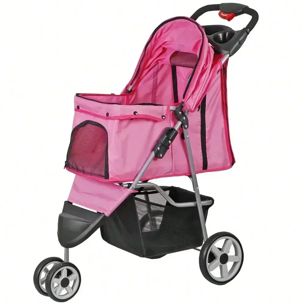 Foldable 3 Wheels Pet Stroller Dog Cat Cage Jogger Stroller with Cup Holder Pink