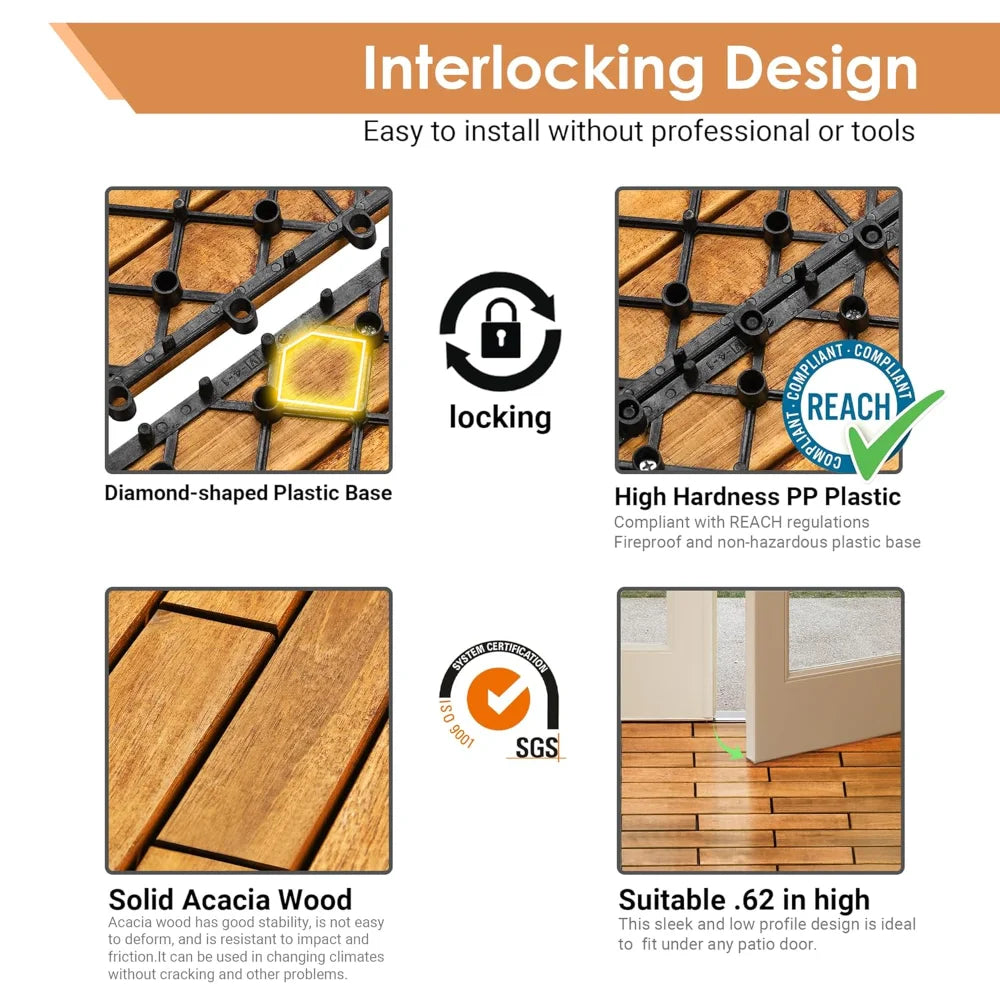 18PCS 24" x 12" Long Solid Acacia Wood Interlocking Deck Tiles for 36 Sq Ft - Indoor Outdoor Waterproof Hardwood Flooring