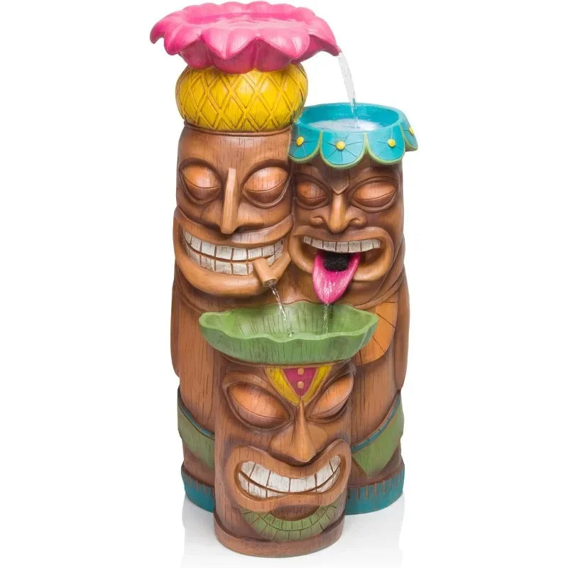 New arrivals LIZ142L Indoor/Outdoor Floor 3-Tiered Colorful Tiki Head Water Fountain, Tropical Tiki Waterfall, 35"