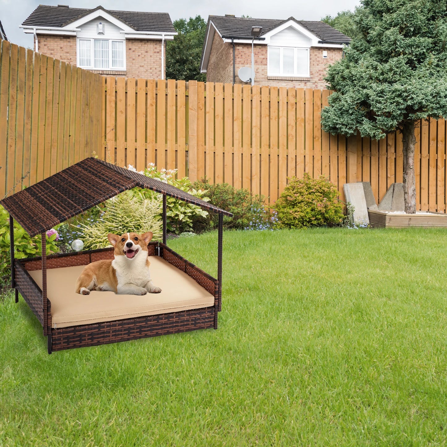 Wicker Dog House, Elevated Rattan Dog Bed with Canopy and Washable Cushion Cover, Indoor Outdoor Raised Pet House