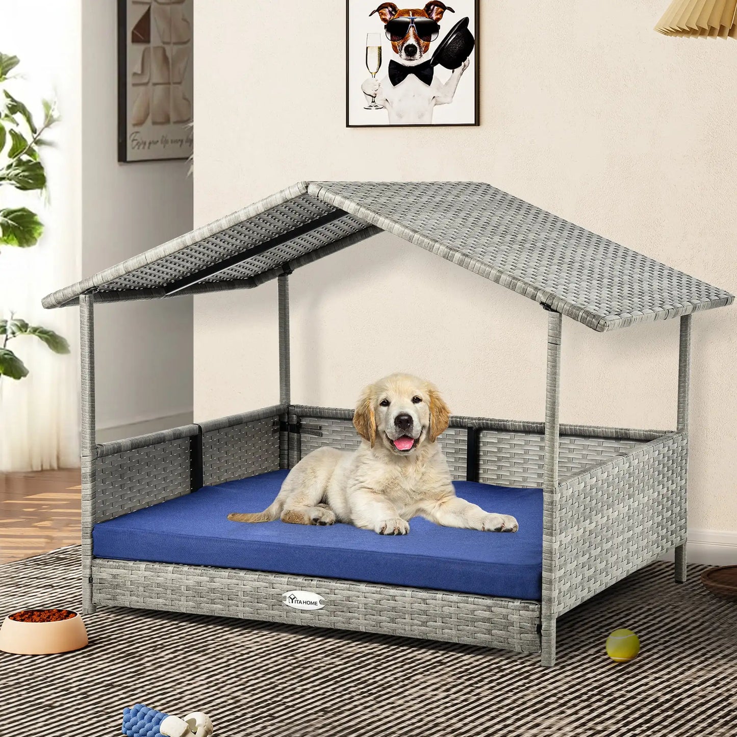 32.9in Outdoor Rattan Doghouse with Canopy, Elevated Water-Resistant Dog Bed with Blue Cushion for Small, Medium,